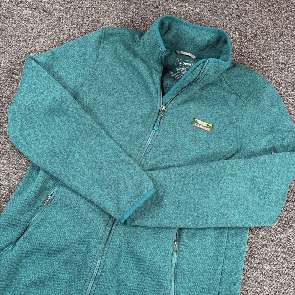 LL Bean Sweater Fleece Jacket Womens Large L Teal Full Zip Mock Neck 504888